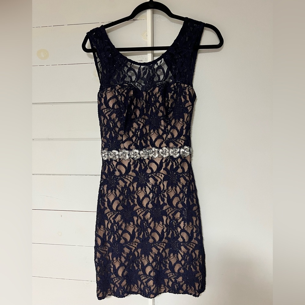 City Studio Navy Lace Mini Dress with Silver Belt